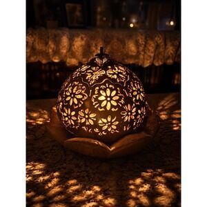 Hand Carved Coconut Shell Floral Lattice Candle Holder‎ Trinket Box with Lid 6"
